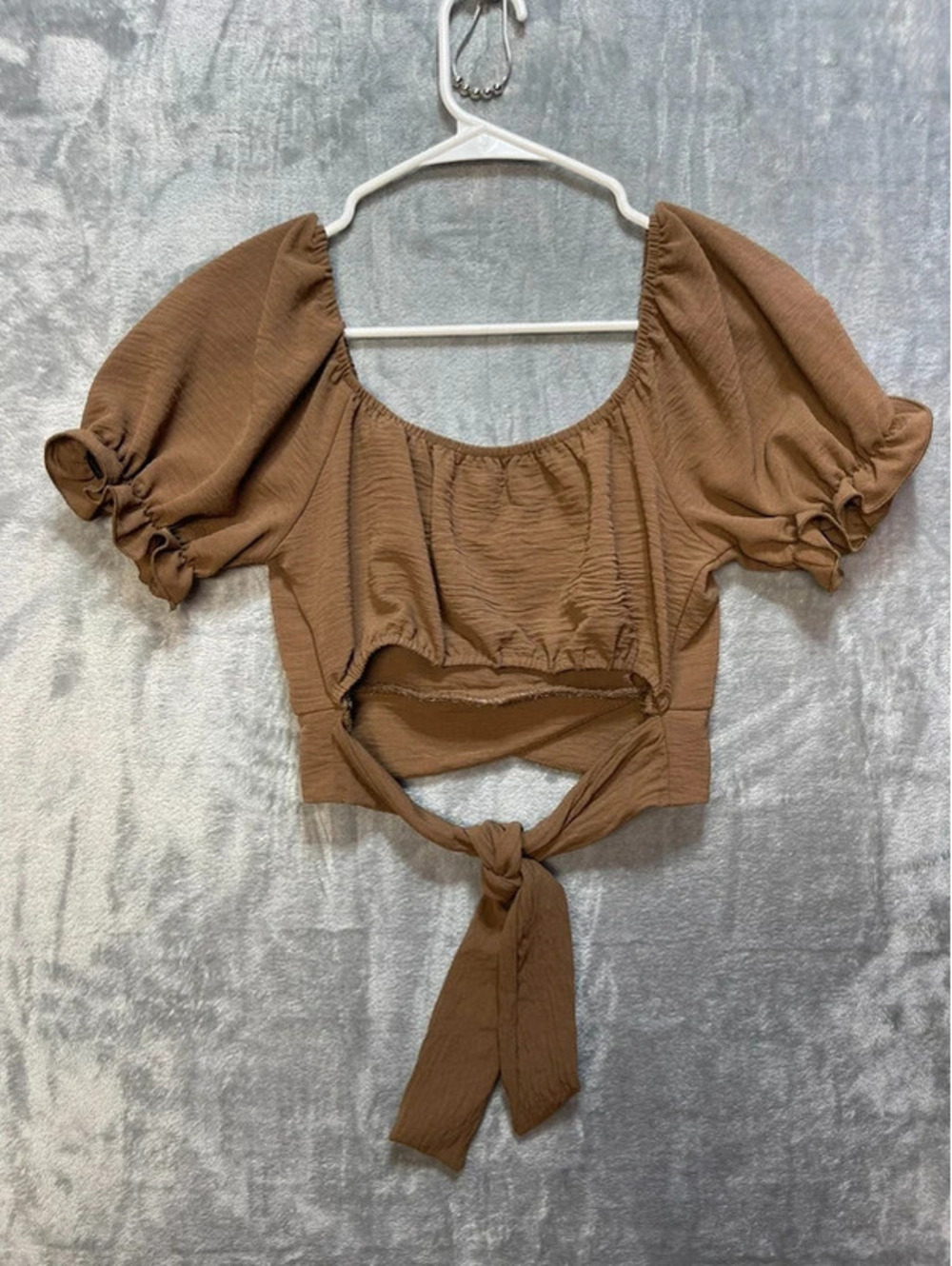 Altar'd State Womens Crop Top Brown Puff Sleeve Back Tie Small - Picture 2 of 10